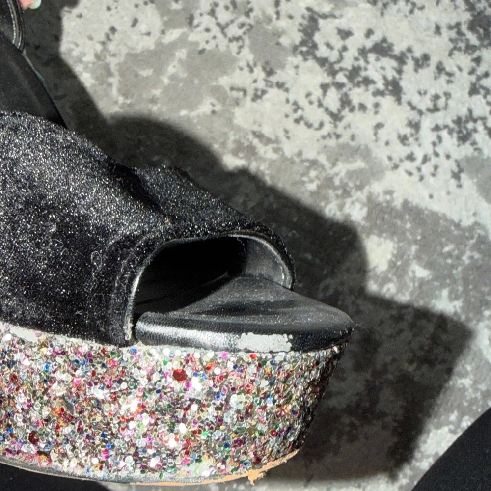 Circus by Sam Edelman Black Velvet Platform Sandals with Multicolor Glitter Heel